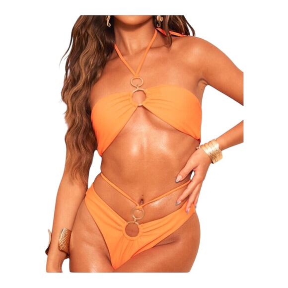 Pretty Little Thing NWT Orange O Ring Waist Strap Brazilian Bikini Bottom Size 6 - Picture 1 of 16